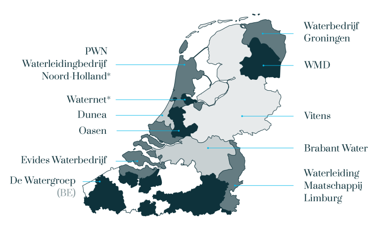 KWR is owned by the shareholders organization KWH Water B.V. The map shows our shareholders with their supply area.
